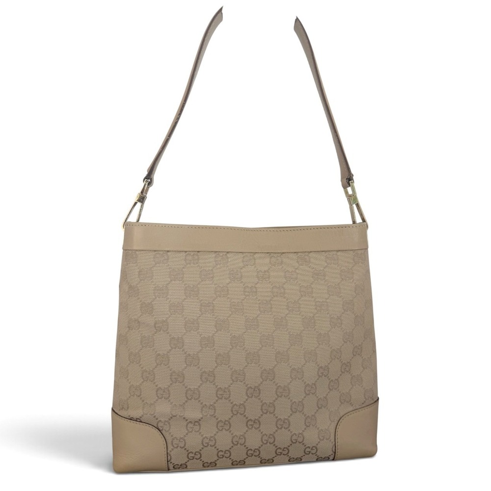 Gucci GG Monogram Canvas Beige Leather Shoulder Bag Gold Hardware